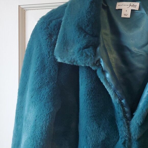 MAISON JULES FAUX FUR JACKET SIZE SMALL REVERSIBLE BLUE GREEN - Picture 2 of 12